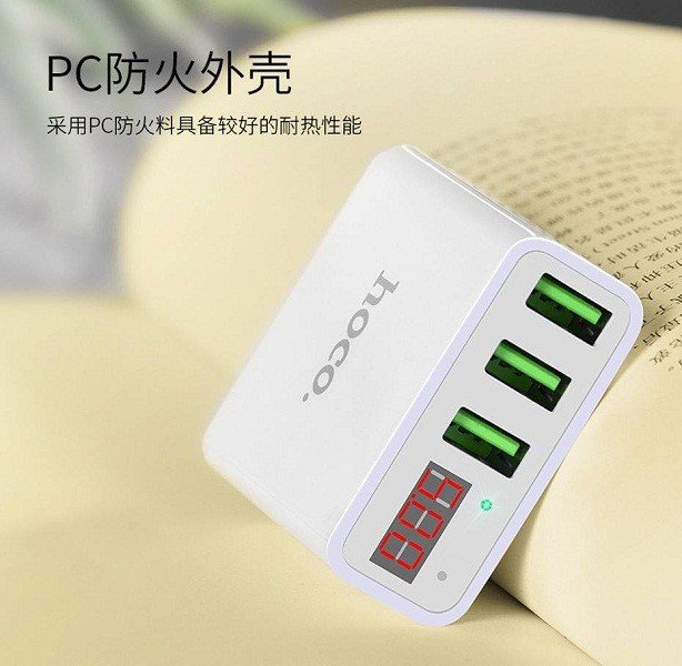 Cốc sạc 3 cổng Hoco C15 3A - màn hình LCD hiển thị điện áp 7
