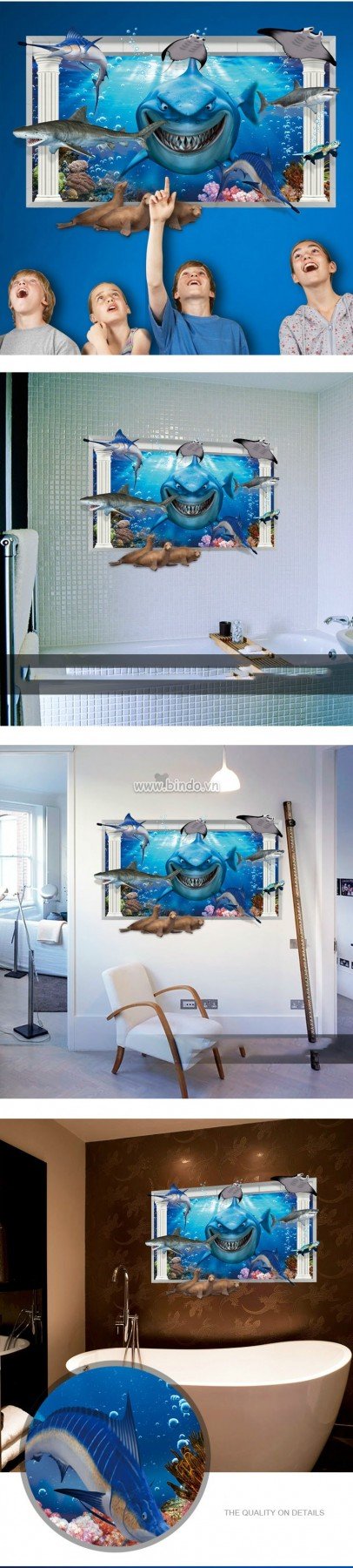 Decal dán tường Cá mập 3D