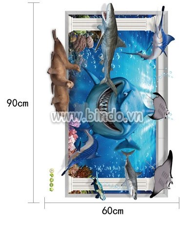 Decal dán tường Cá mập 3D